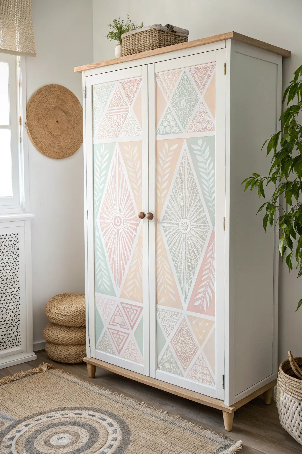Transform your old wardrobe into a piece of art with simple stenciling. Embrace minimalist elegance with a touch of boho flair.