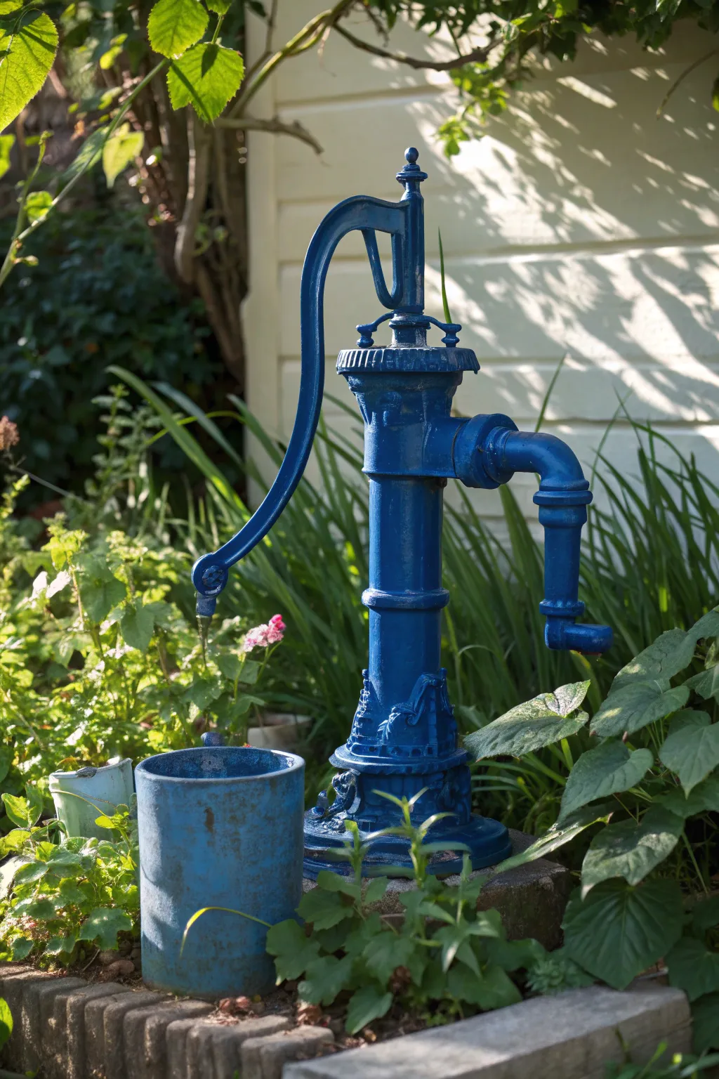 Add a splash of color to your garden with a cobalt blue water pump centerpiece.