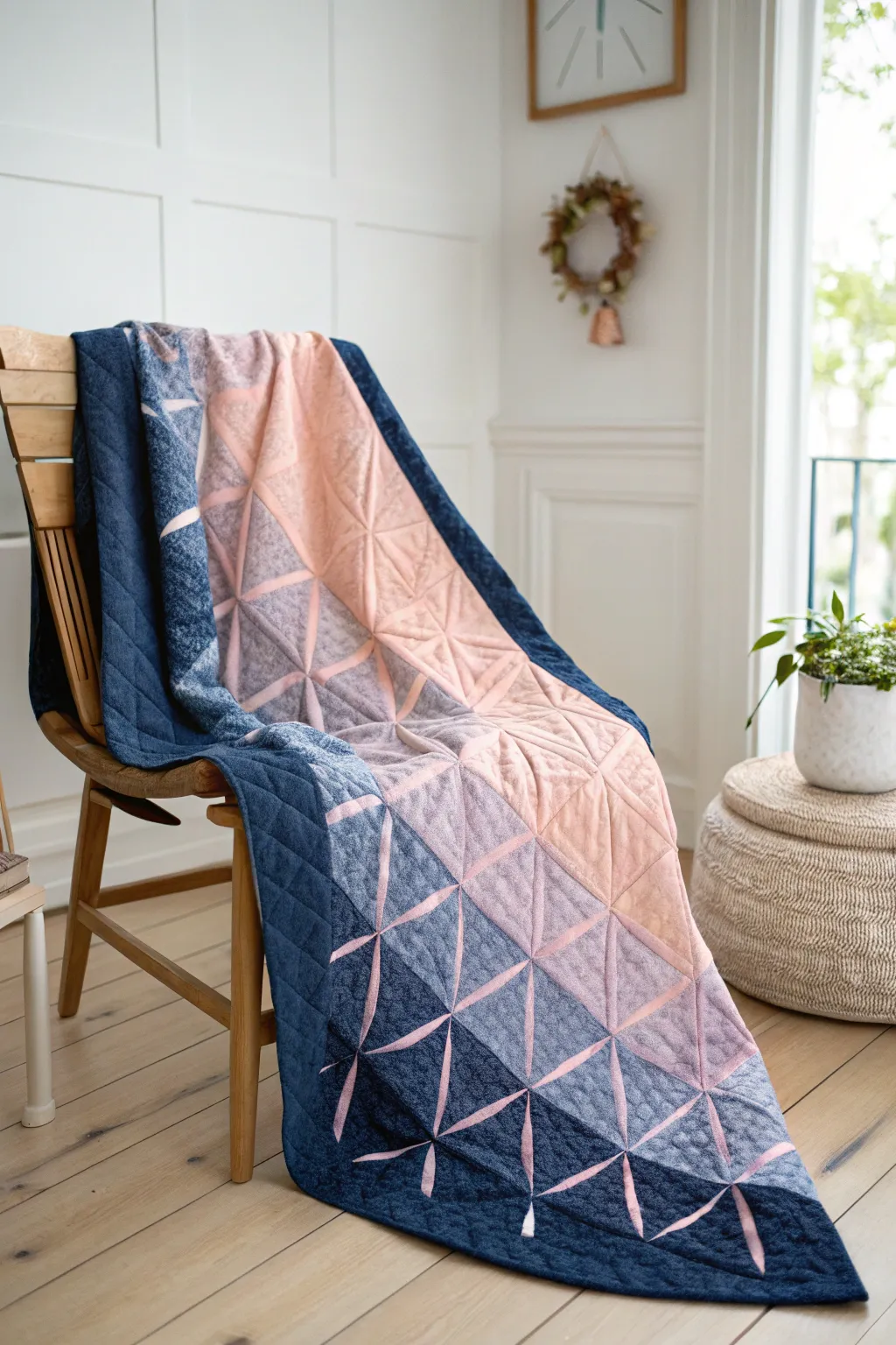 Discover the art of geometric gradients with this ombre quilt masterpiece.