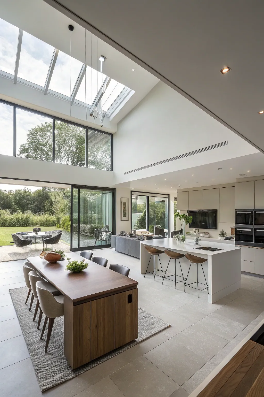 An effortless flow between kitchen and living areas under an open ceiling.