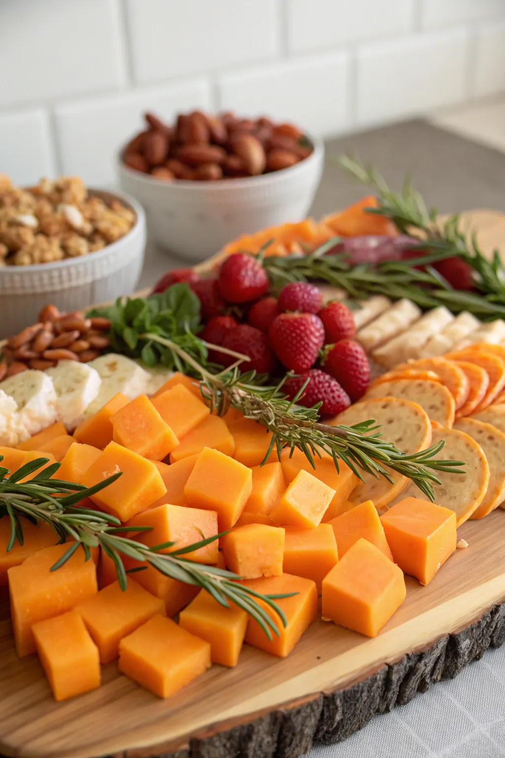 Fresh herbs add greenery and fragrance to your orange charcuterie board.