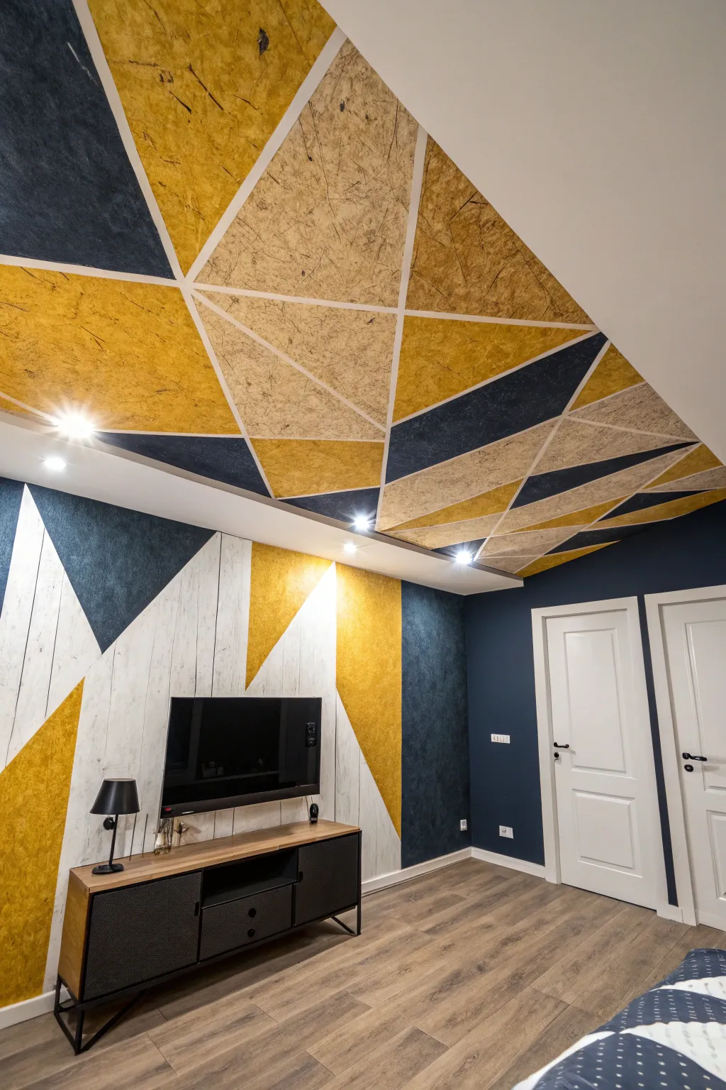 Transform your space with bold geometric patterns on OSB ceilings for a striking and playful aesthetic.