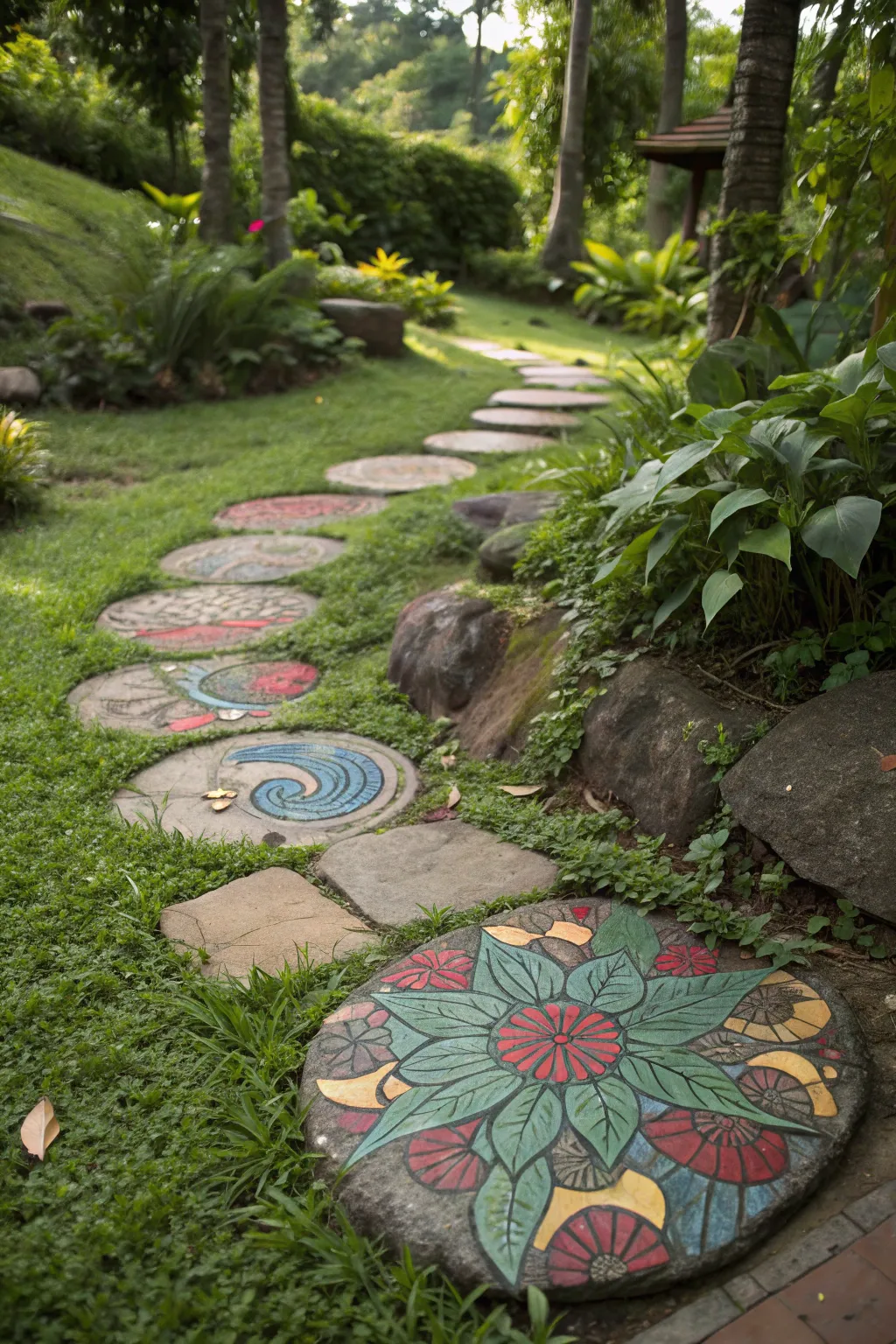 Transform your garden with a vibrant painted stone pathway, where art meets nature in perfect harmony.