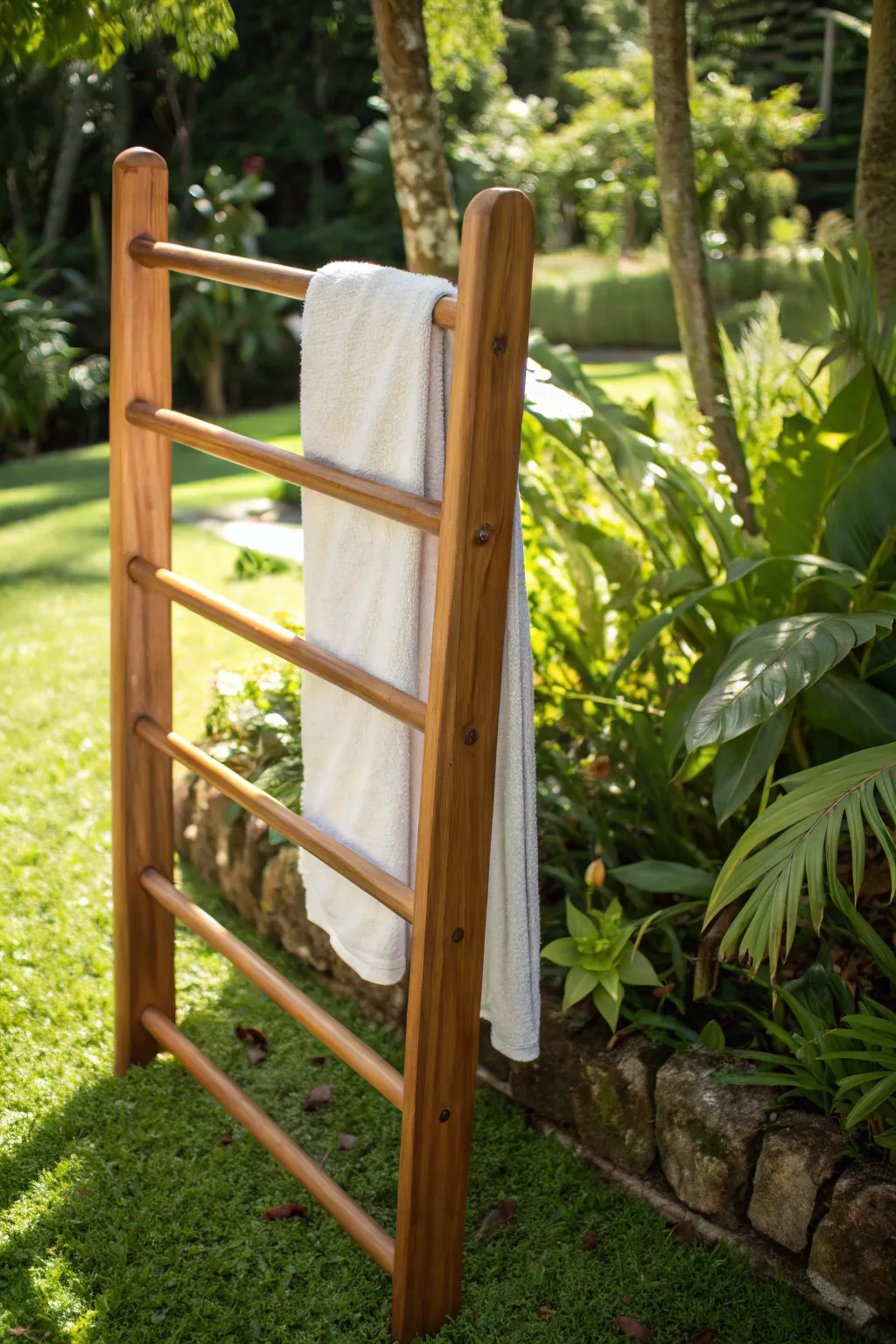 Embrace nature's charm with a timeless cedar towel rack, the perfect blend of durability and elegance in your garden oasis.