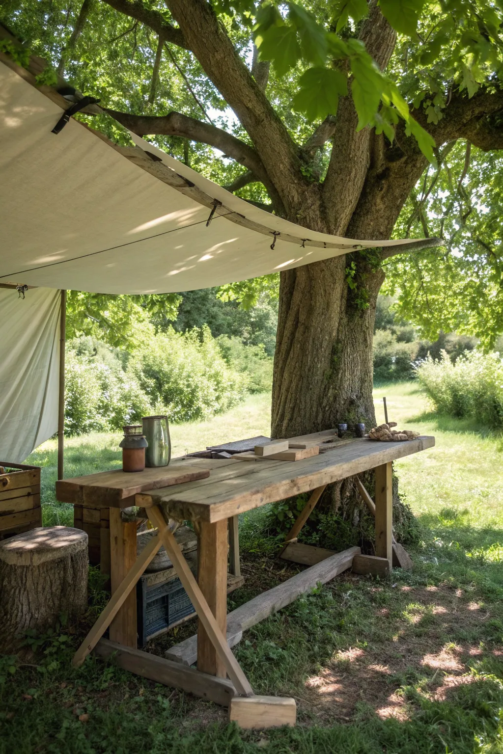 Craft your projects under nature's gentle embrace with this treehouse-inspired workbench canopy.