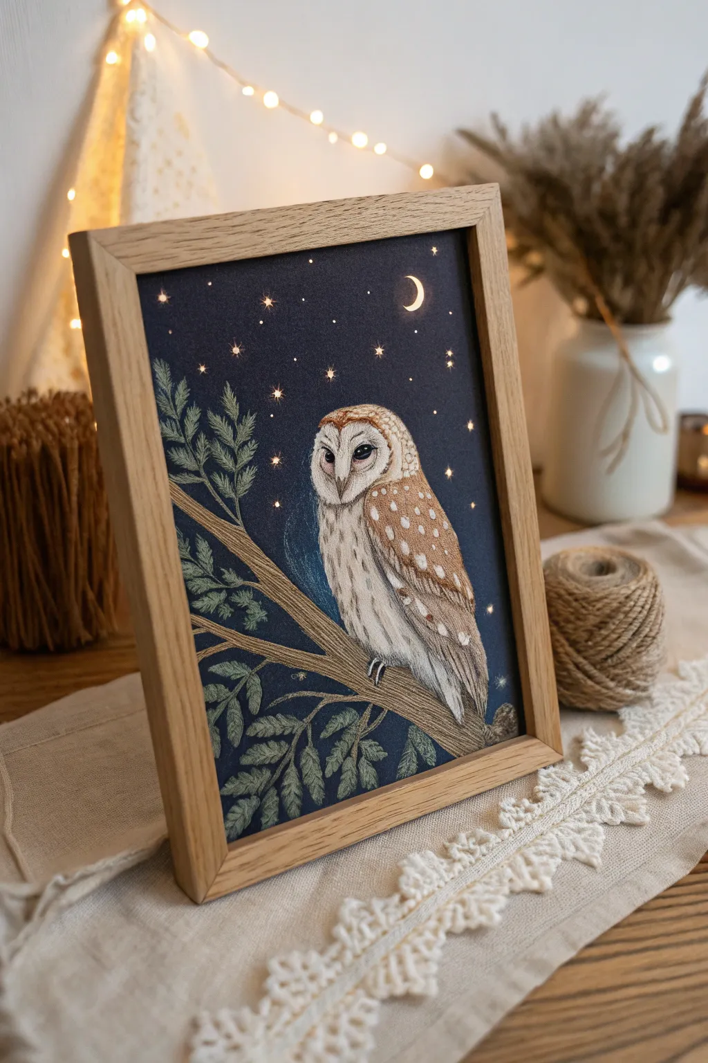 Embrace the magic of the night with a starry owl painting that exudes minimalist elegance and natural beauty.
