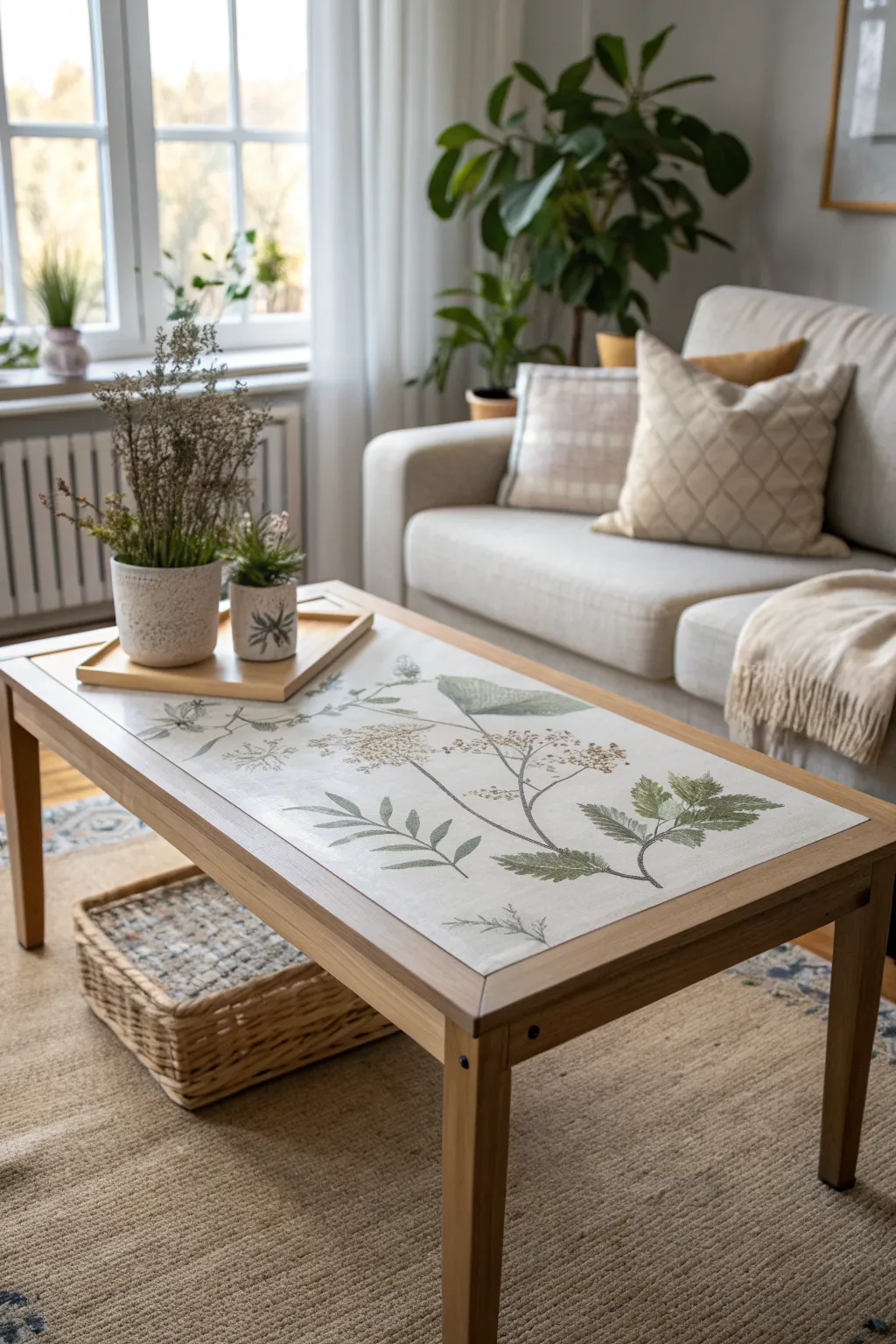 Transform your coffee table into a work of art with elegant botanical transfers, perfect for a serene and stylish living space.