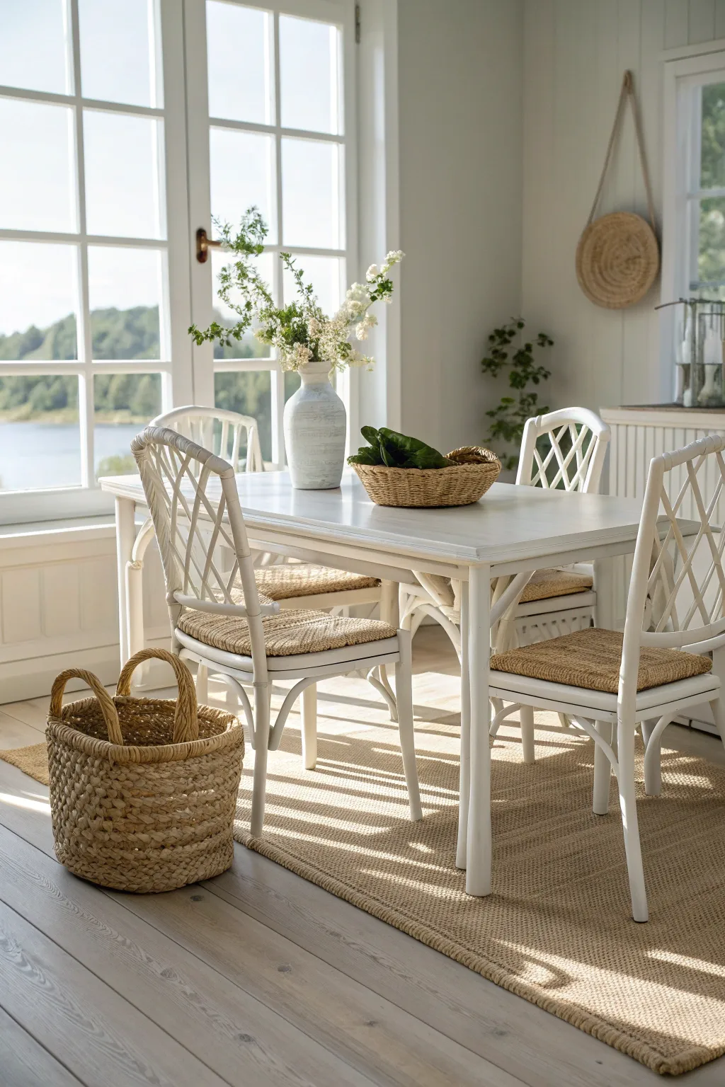 Timeless elegance: A classic white bamboo dining set that effortlessly enhances any space.