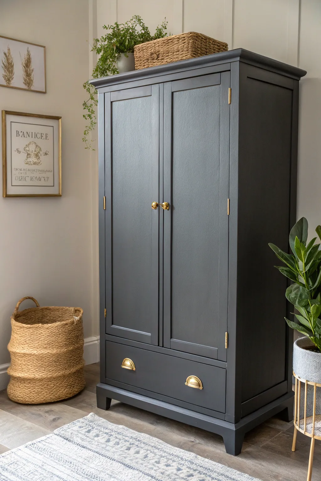 Elevate your space with the dramatic allure of dark shades and chic brass accents.