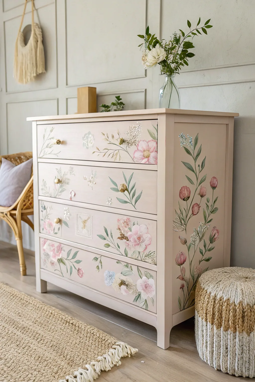 Transform your space with a touch of nature; this floral-patterned dresser is a stunning blend of simplicity and elegance.
