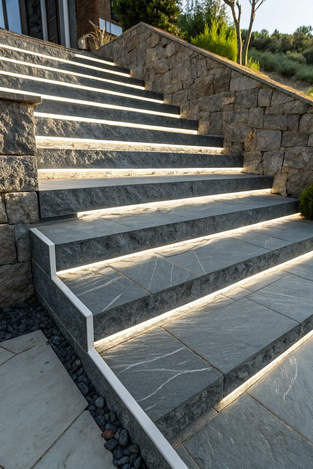 Elevate your entryway with sophisticated contrast: Dark gray steps with crisp white accents.