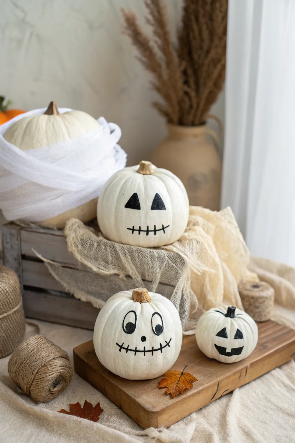 Meet the charming mummy pumpkin family, adding a touch of whimsy and elegance to your Halloween decor!