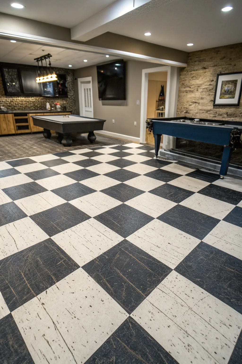 Elevate your space with a sophisticated checkerboard OSB floor—where playfulness meets elegance.