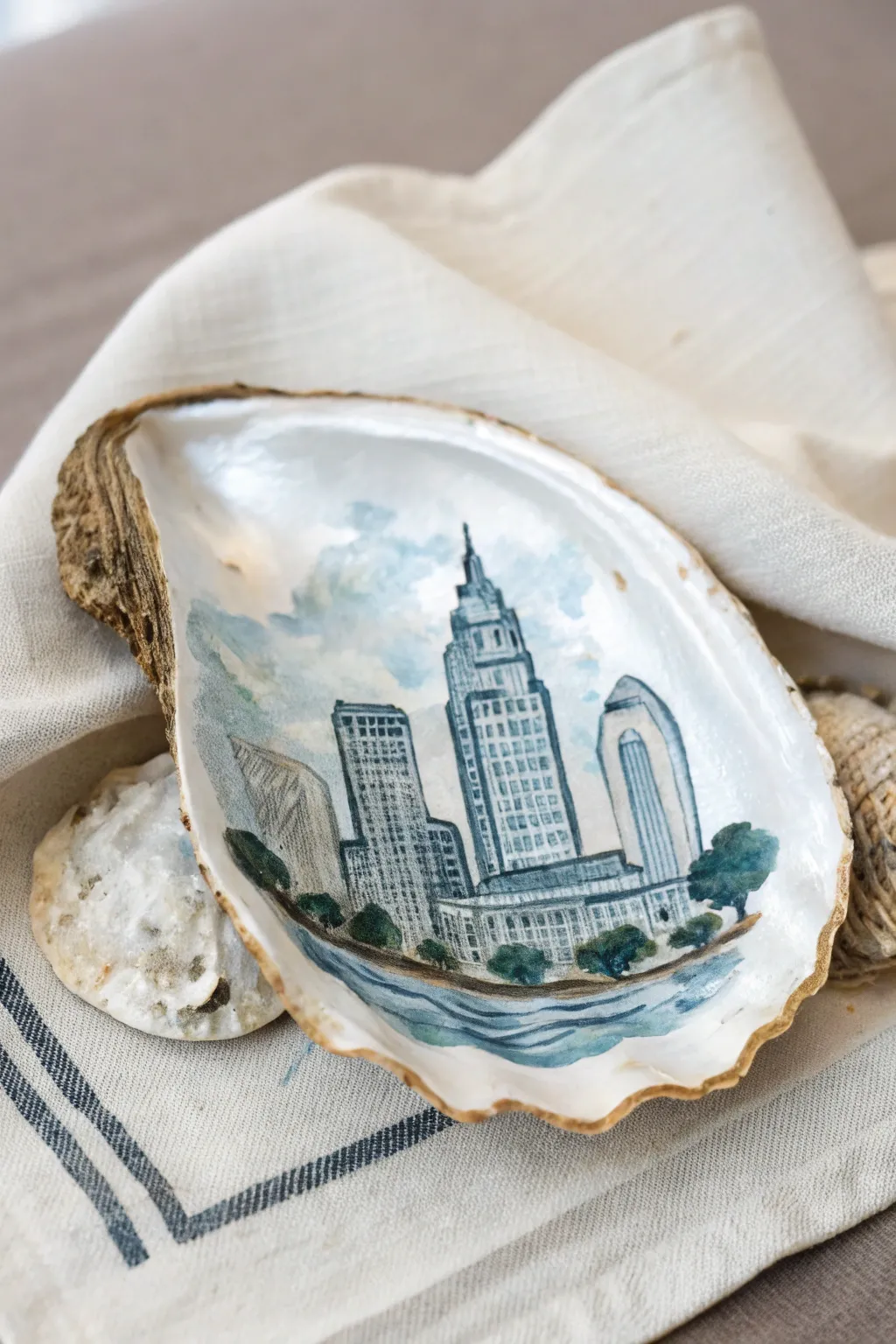 Craft a cityscape masterpiece on the canvas of nature with these stunning oyster shell artworks.