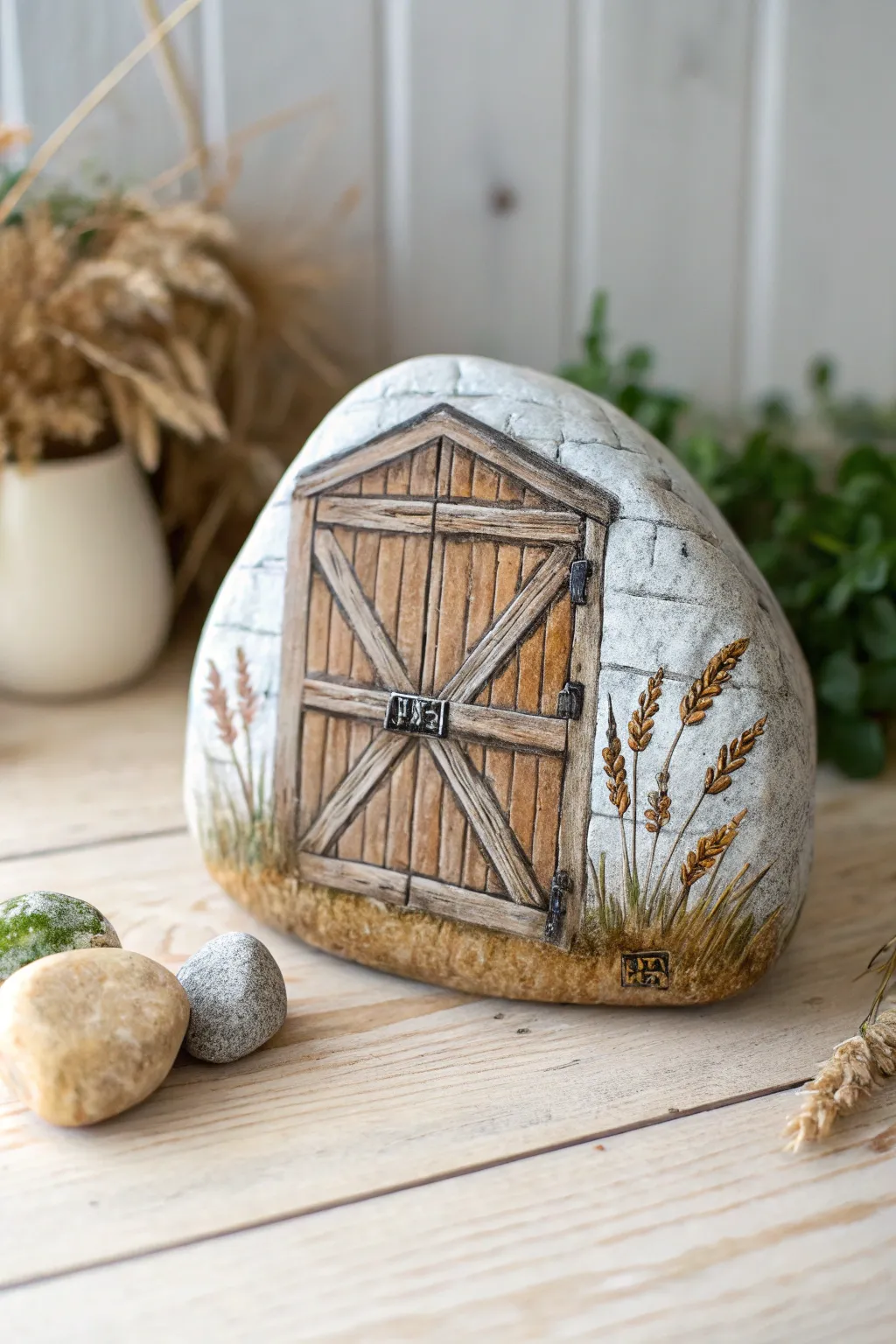 Bring the countryside home with this charming barn-style painted rock.