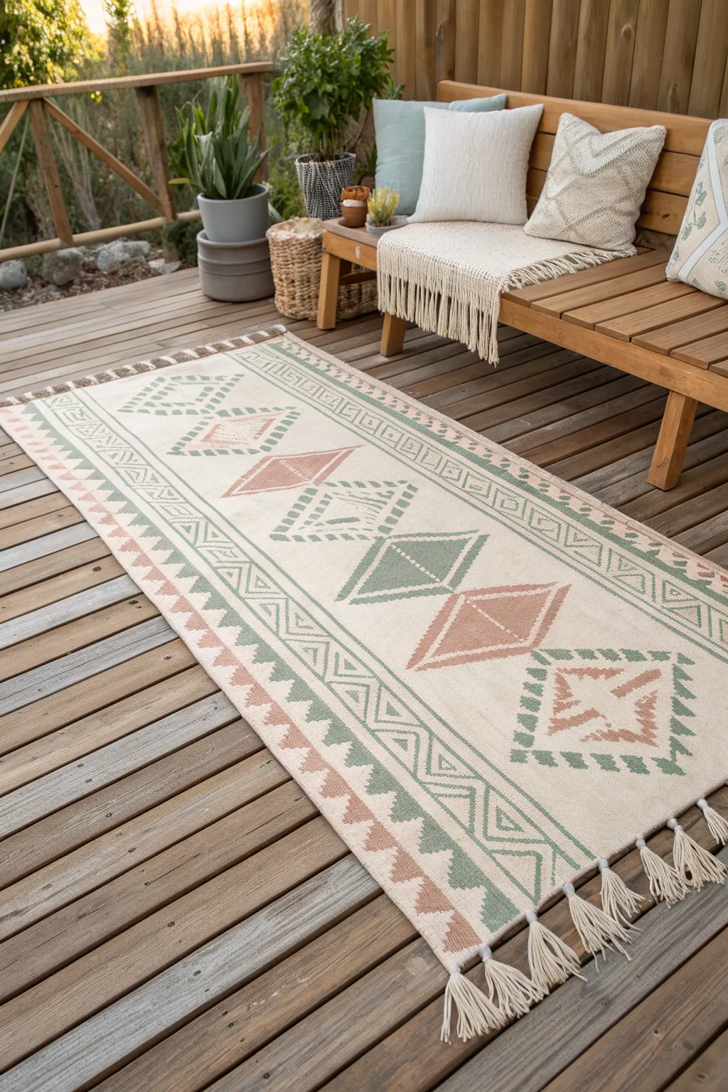 Transform your patio into an outdoor oasis with a handcrafted painted rug that exudes minimalist elegance.