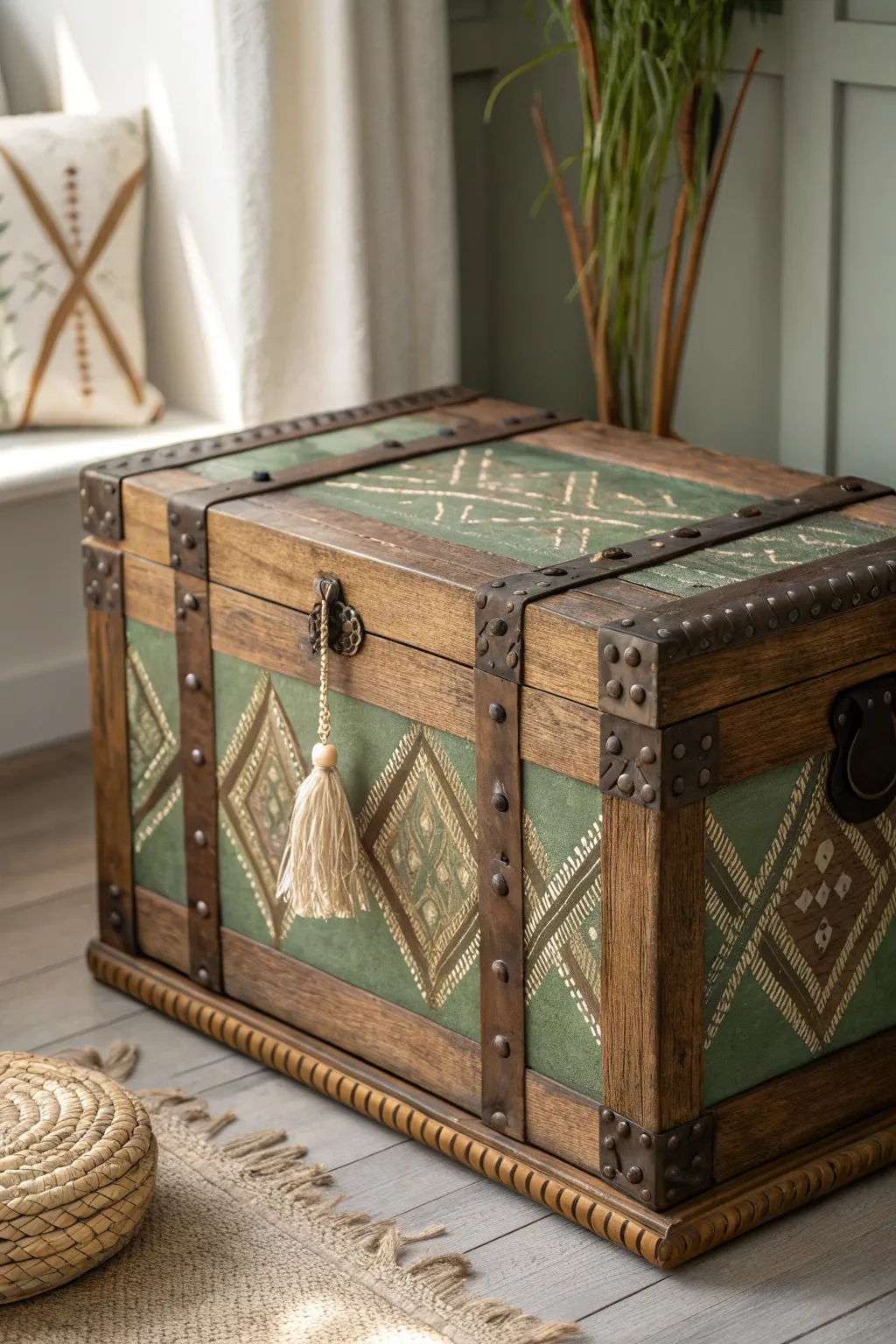 Embrace nature with this stunningly painted trunk, a perfect blend of simplicity and bohemian charm.