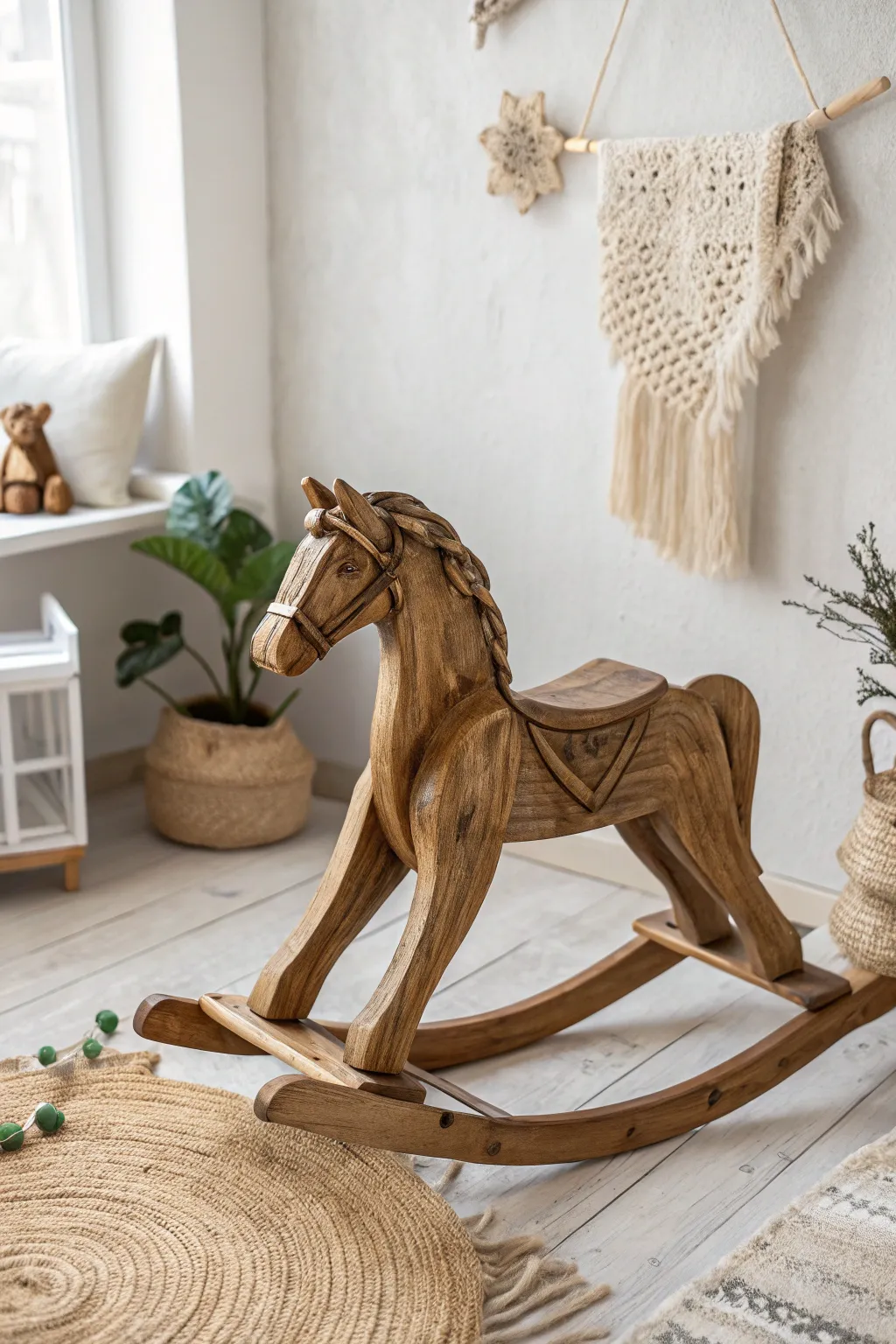 Embrace the rustic charm and cozy vibes with this beautifully crafted wooden rocking horse.