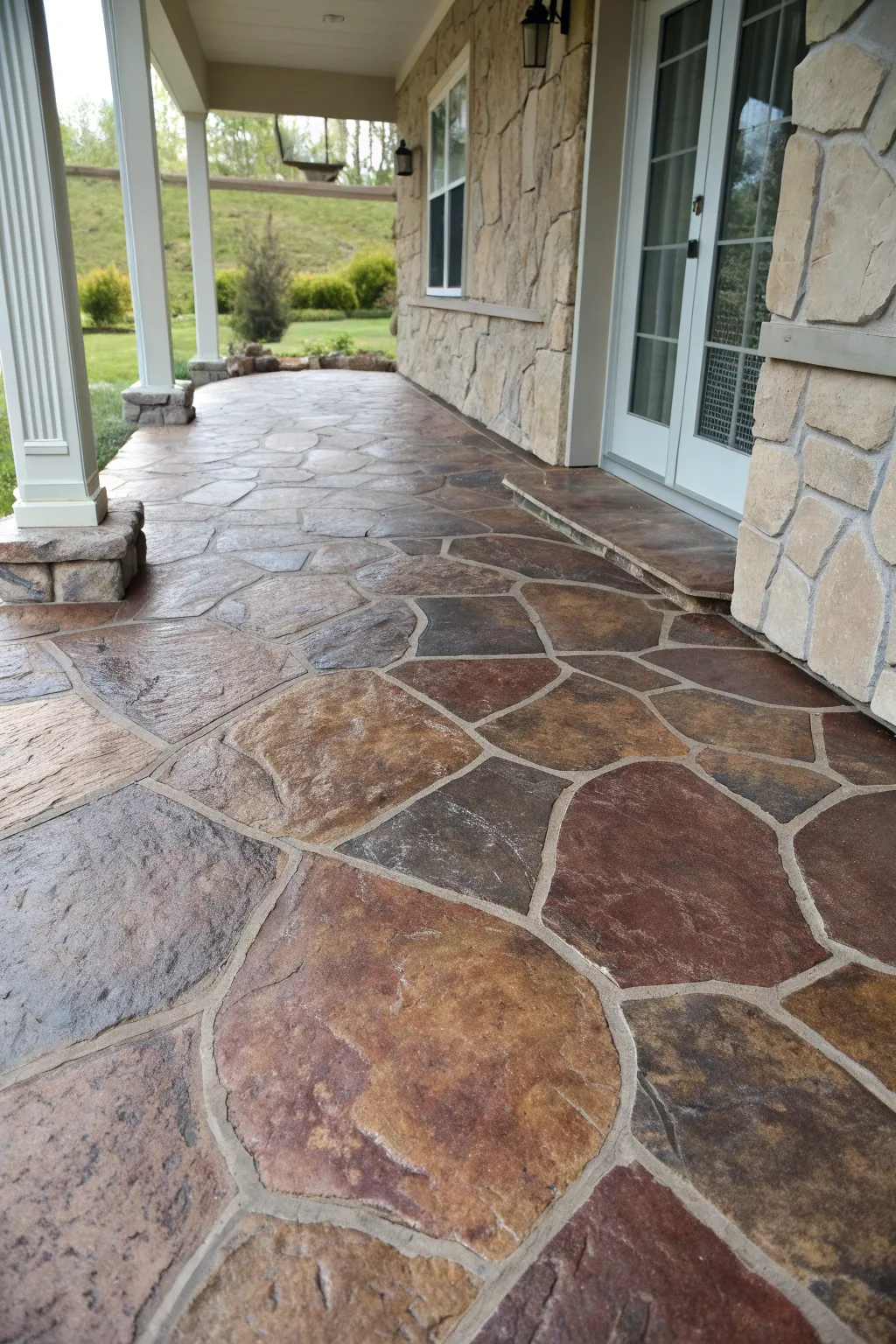 Transform your porch with a painted stone look that exudes rustic elegance.