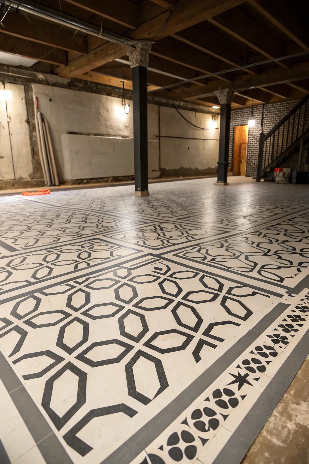 Transform your basement floor with elegant stenciled patterns that mimic the charm of classic tiles.
