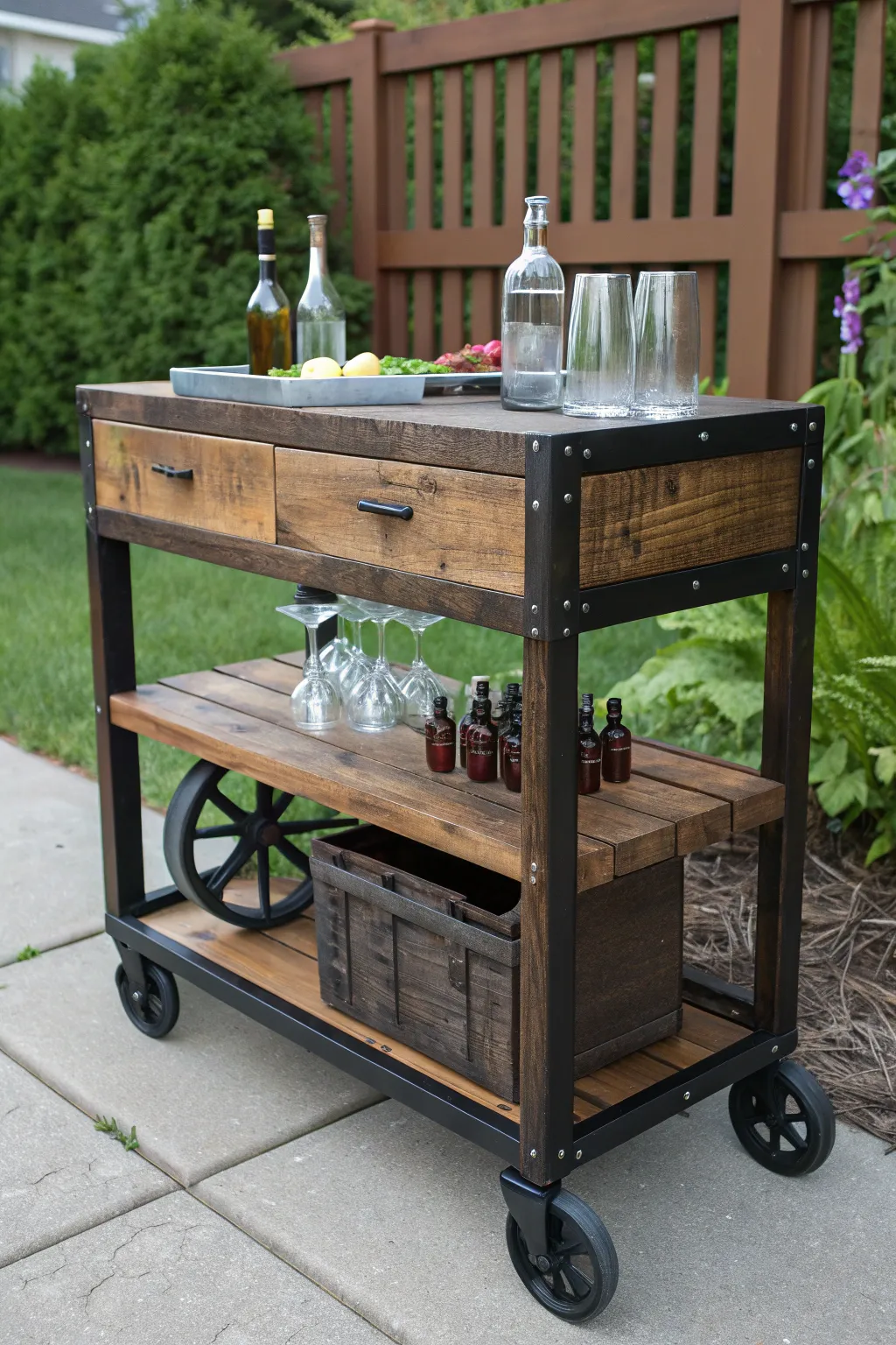 Elevate your outdoor gatherings with a stylish mobile pallet bar cart, where rustic charm meets modern convenience.