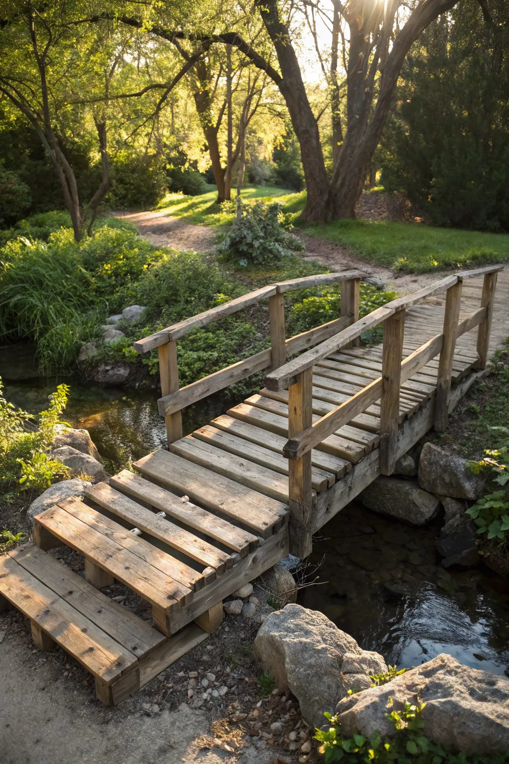Elevate your garden's functionality with a robust pallet bridge—where rustic charm meets everyday practicality.