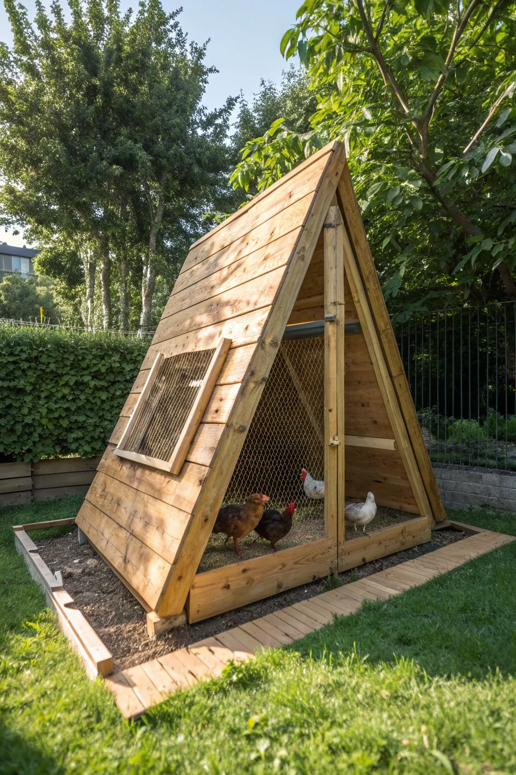 Elevate your backyard with a striking triangular pallet chicken coop that blends function with modern design.