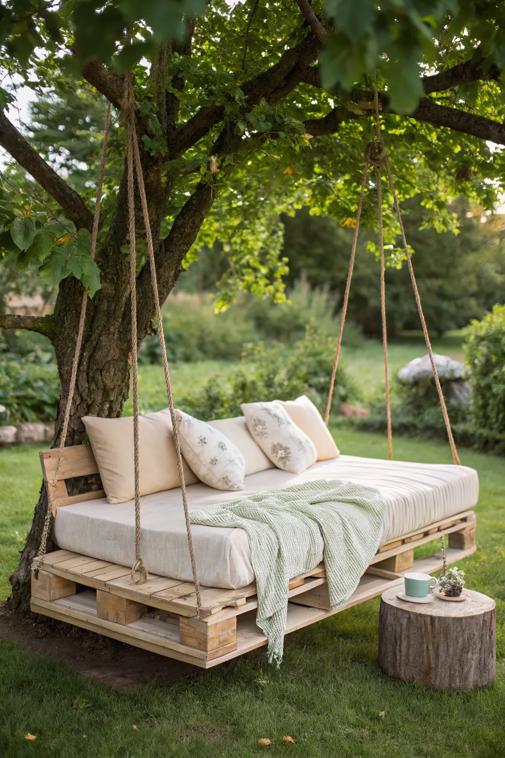 Unwind in style with this charming pallet swing bed, the perfect blend of Scandinavian minimalism and boho relaxation.