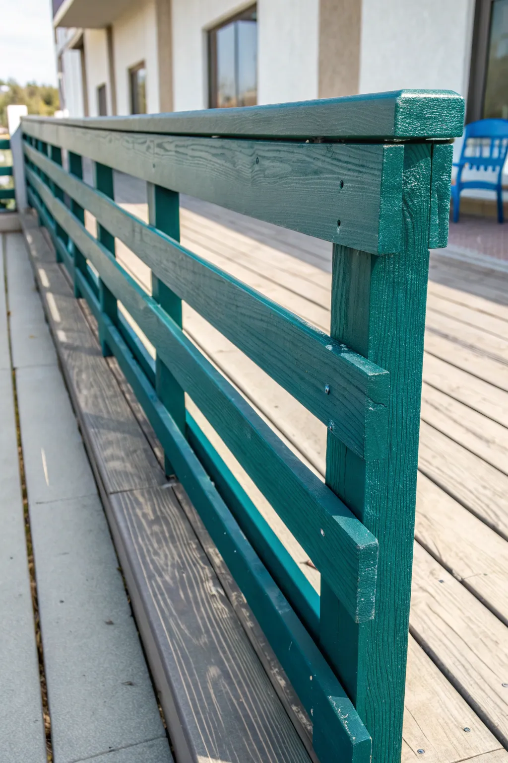 Elevate your deck with a splash of color: A simple pallet railing transformed with paint for a personalized touch.