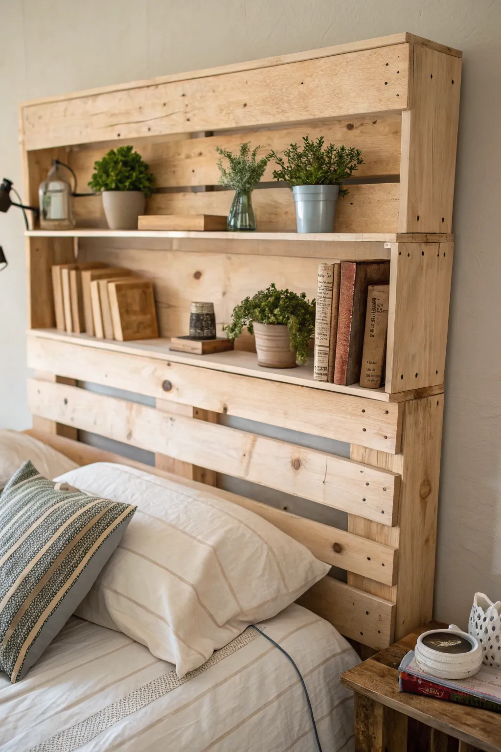 Transform your bedroom into a cozy retreat with this stunning pallet headboard featuring built-in shelves for a touch of elegance and practicality. 🌿📚✨