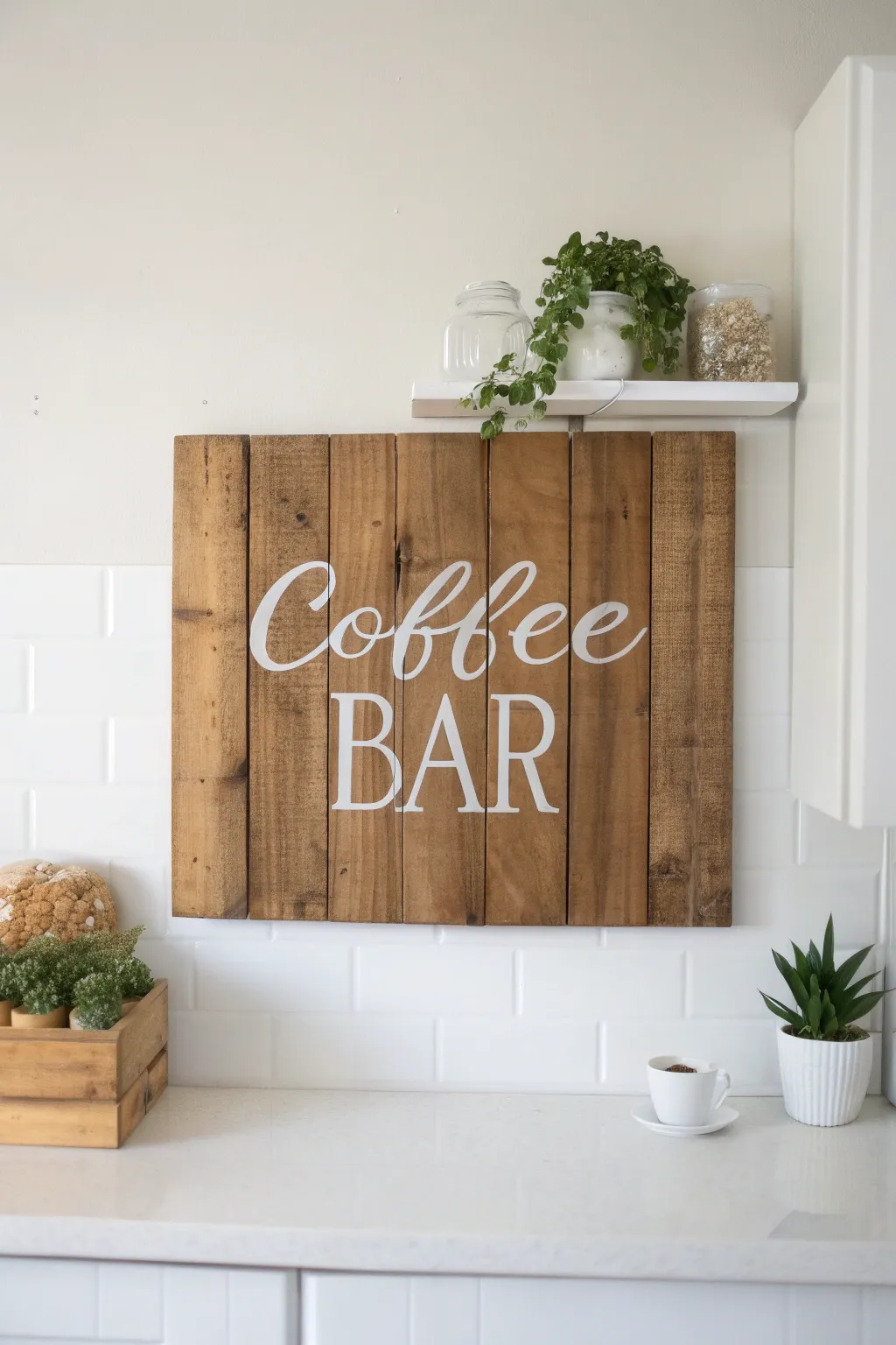 Elevate your kitchen corner with a handcrafted 'Coffee Bar' sign, blending rustic elegance with minimalist chic.