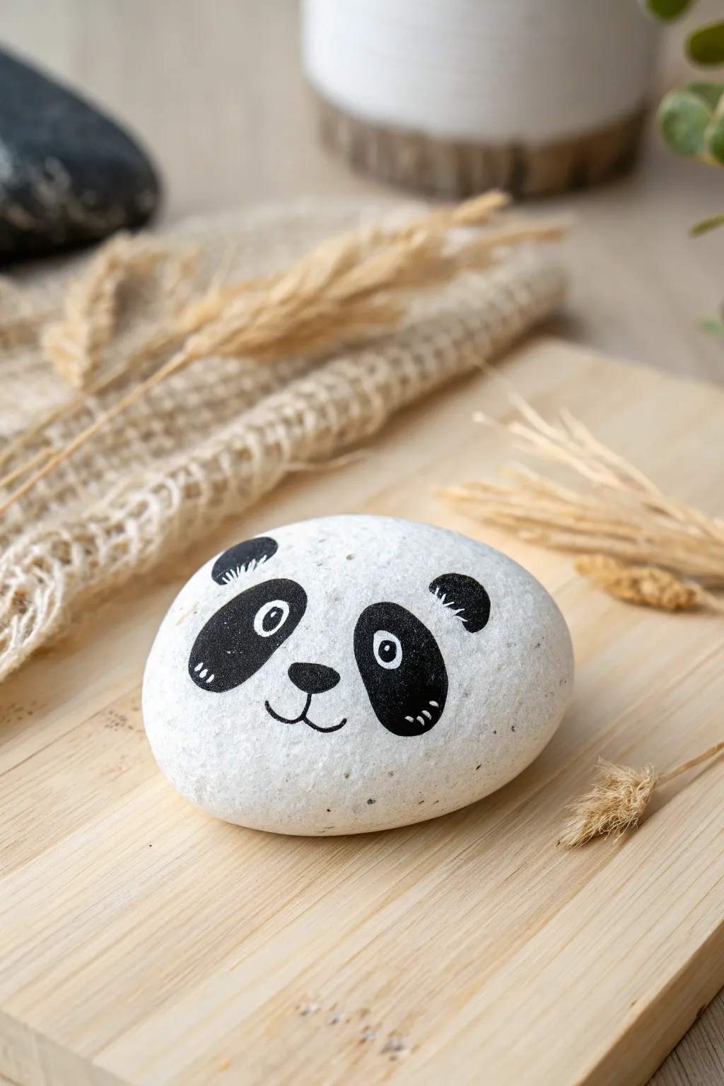 Transform simple rocks into adorable panda art for a touch of minimalist charm.