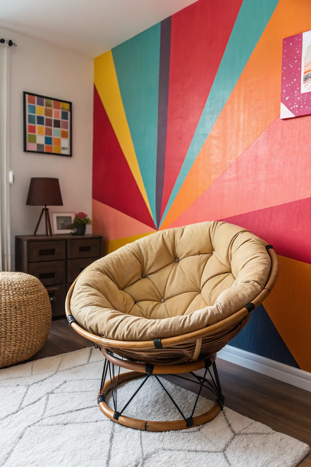 A bold accent wall elevates the papasan chair’s charm.