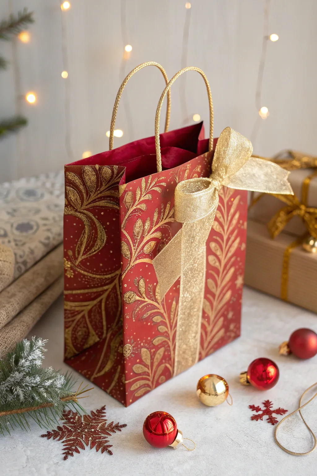 Add a touch of festive holiday flair with this elegantly wrapped paper bag, perfect for minimalist holiday decor.