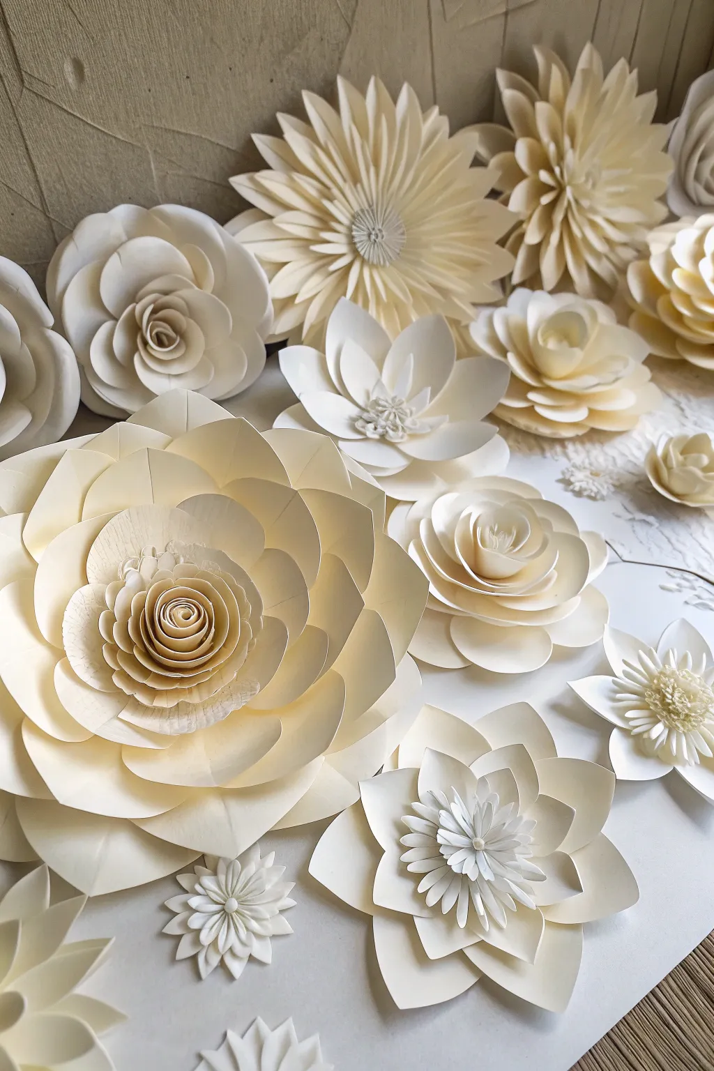 Transform your special day with an elegant paper flower backdrop, where minimalism meets bohemian charm.