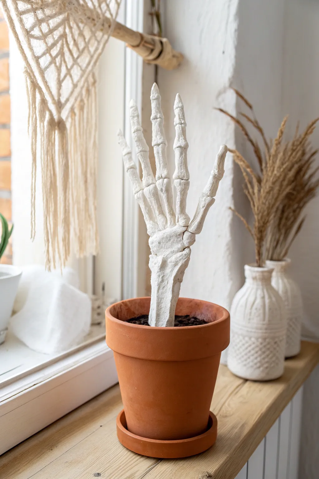 Elevate your Halloween decor with minimalist elegance: Craft your own paper mache skeleton hands for a hauntingly beautiful touch.