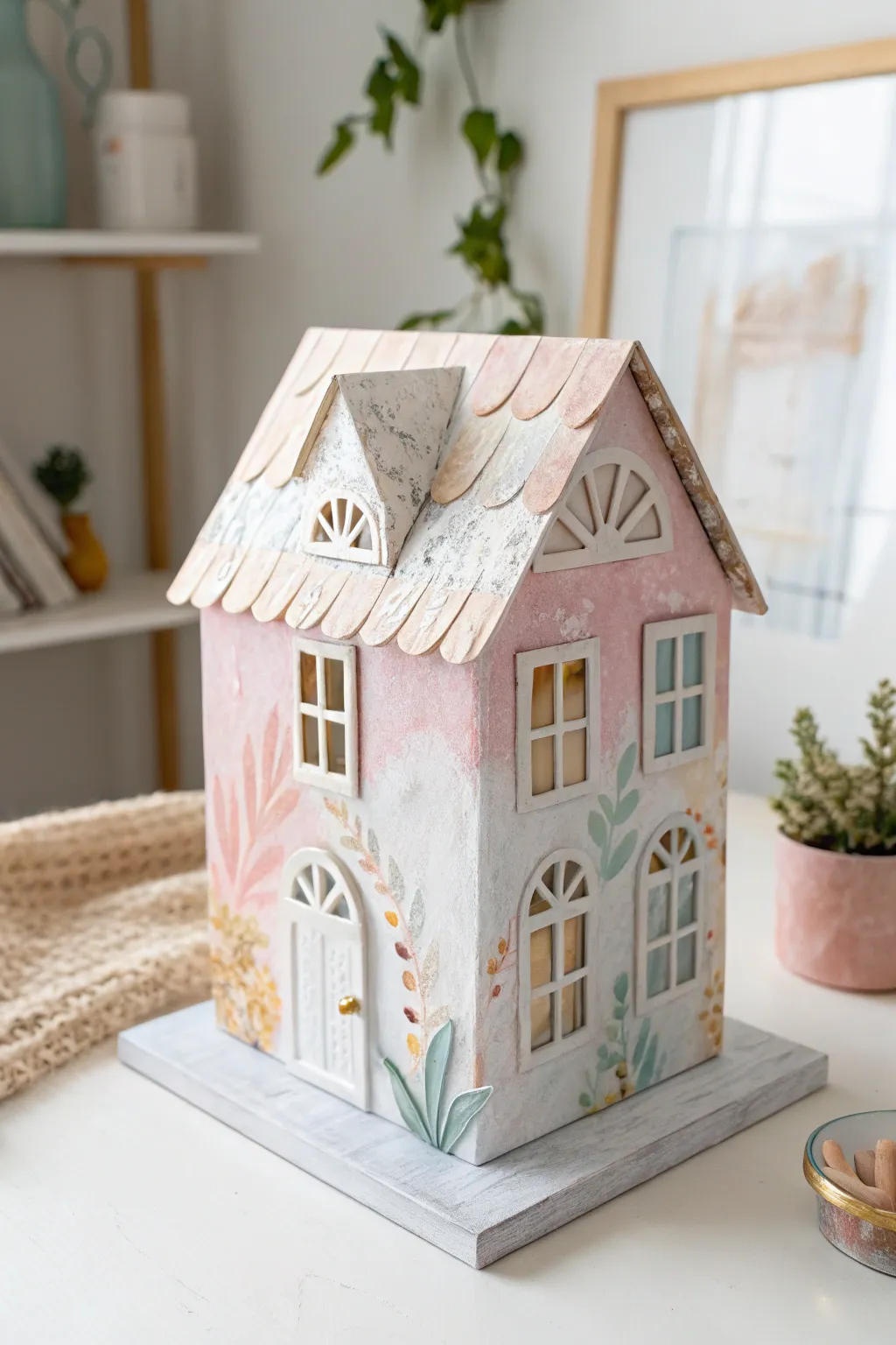 Discover the art of simplicity with this mixed media paper mache house, where creativity meets minimalist elegance.