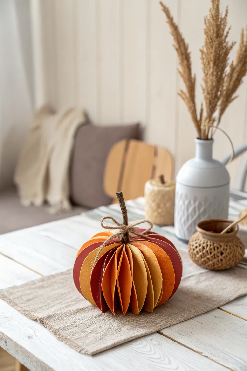 Elevate your table decor with this charming miniature paper pumpkin, a perfect blend of minimalist elegance and seasonal warmth.