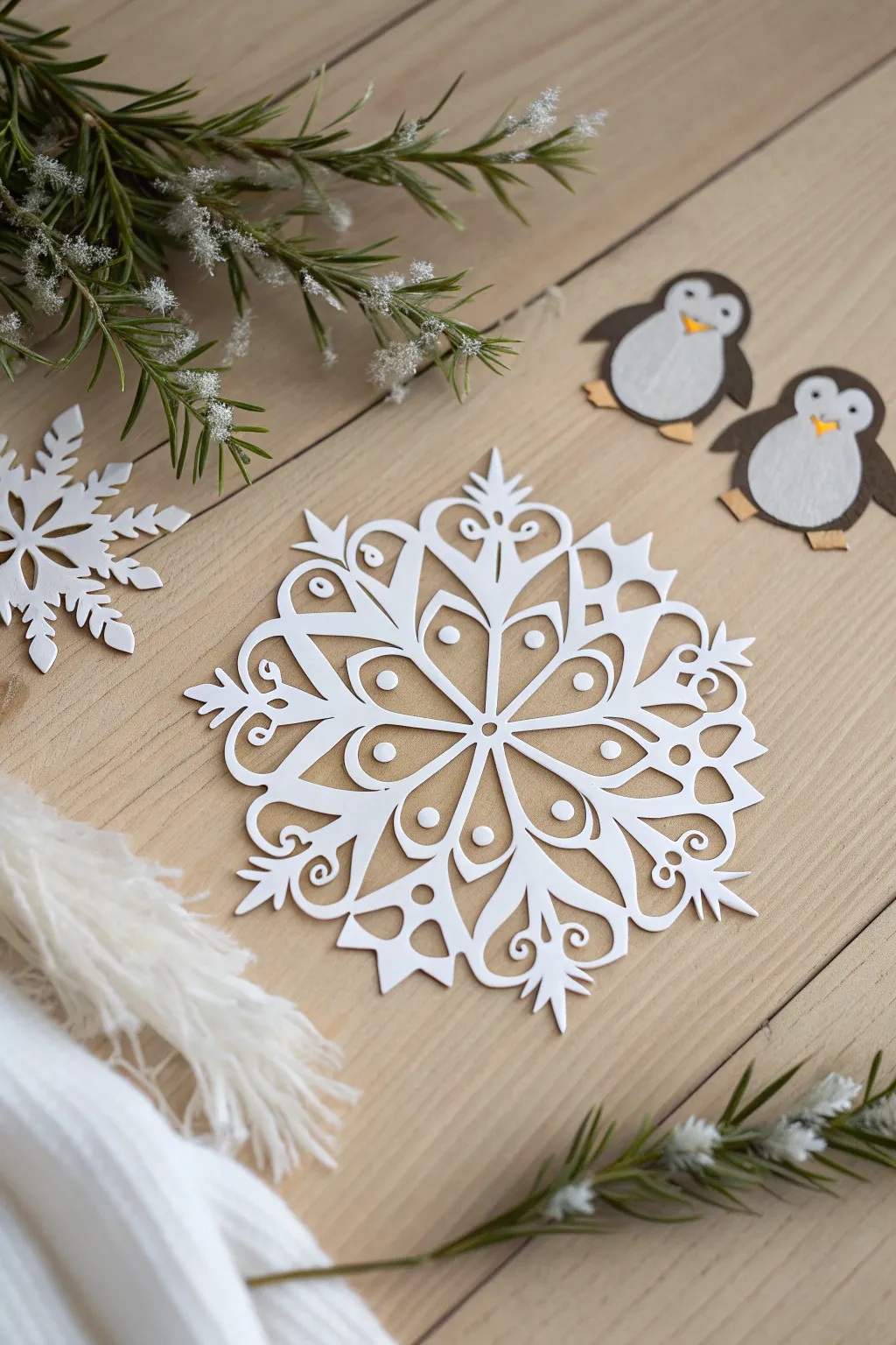 Add a touch of whimsy to your winter decor with charming penguin paper snowflakes.