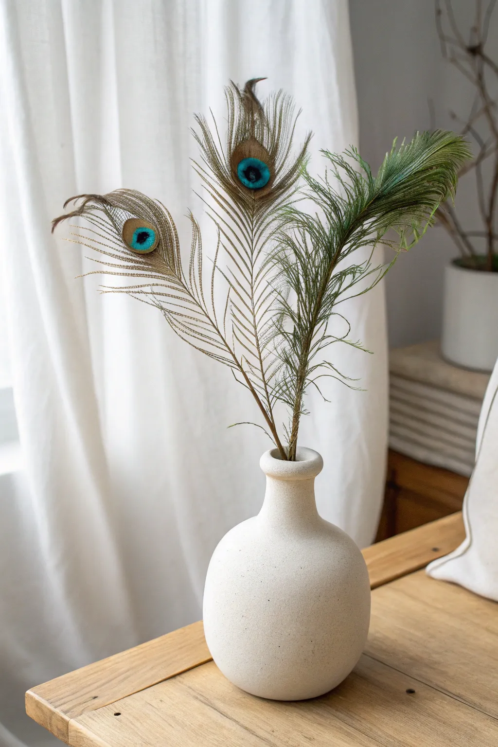 Elevate your decor with the elegance of peacock feathers in a minimalist vase.