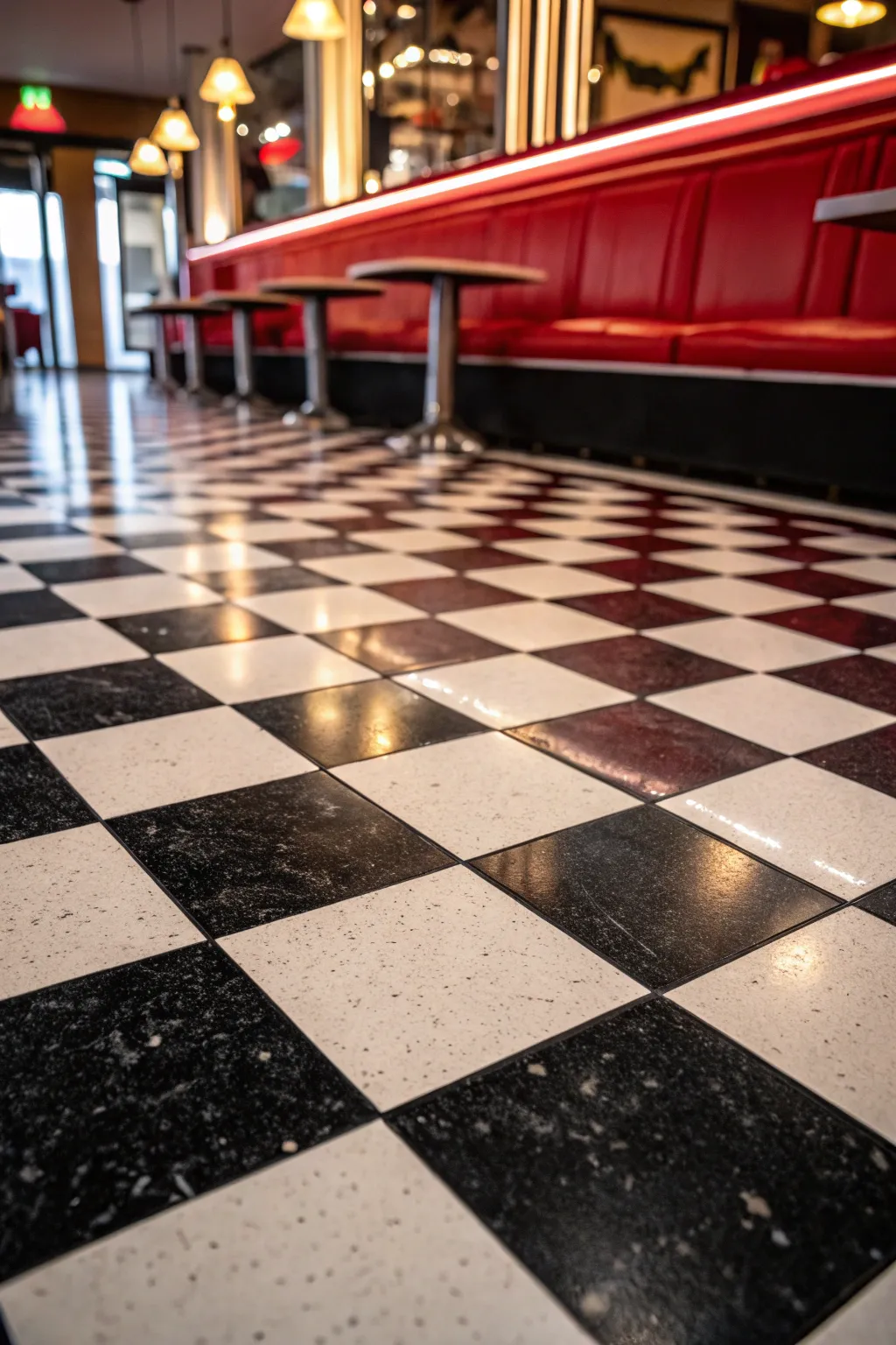 Transform your space with retro charm using checkerboard vinyl tiles for a timeless vintage vibe.