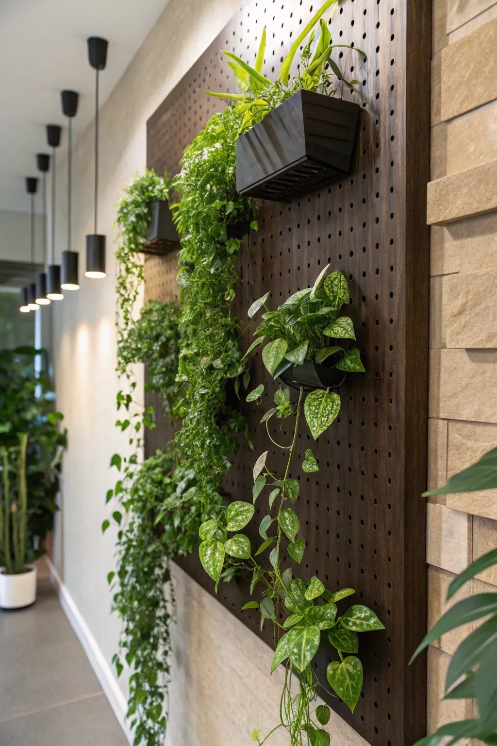 Transform your wall into a lush vertical garden with a pegboard display that brings nature indoors.