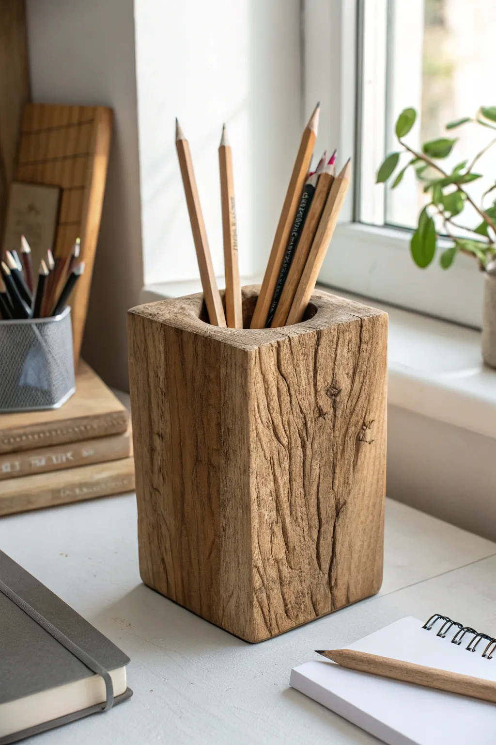 Embrace simplicity and natural beauty with this handcrafted rustic wooden pencil holder, perfect for adding warmth to your workspace.