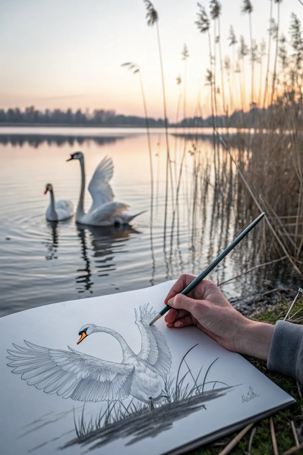 Capture the serene elegance of nature with a minimalist touch: birds in flight over a tranquil pond.