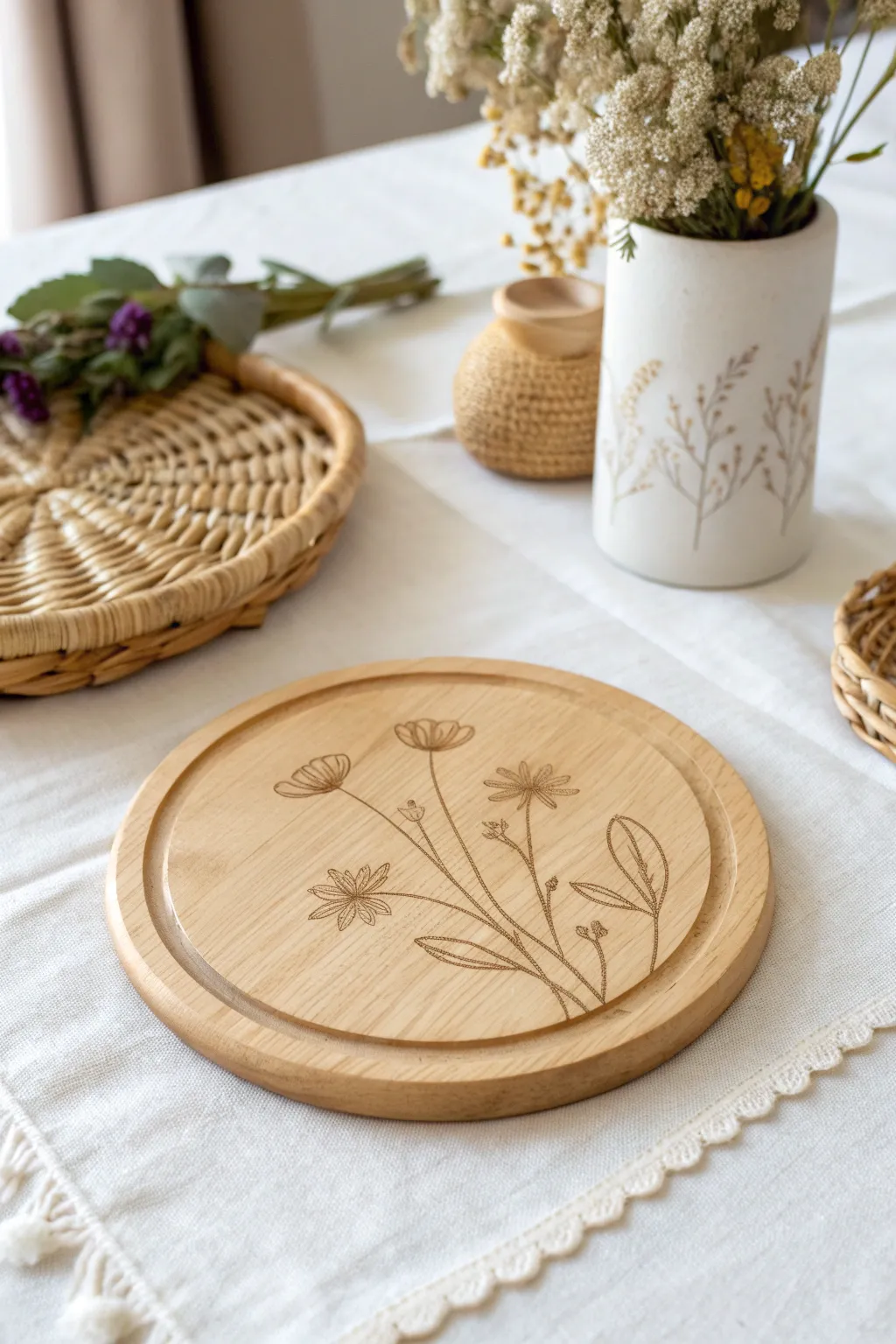 Add a touch of rustic elegance to your table with beautifully engraved wooden coasters.