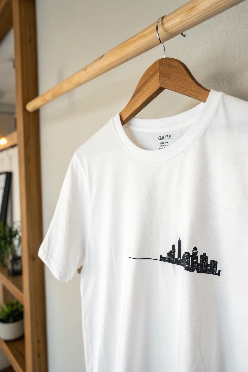 Elevate your wardrobe with minimalist elegance: a silhouette of Austin's skyline on a perfectly simple t-shirt.