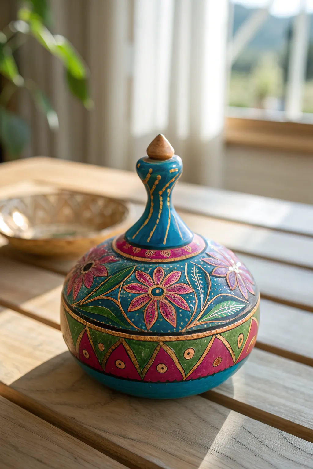 Brighten your space with a dash of color and luxury—a handcrafted pinch pot rattle with a touch of gold elegance.