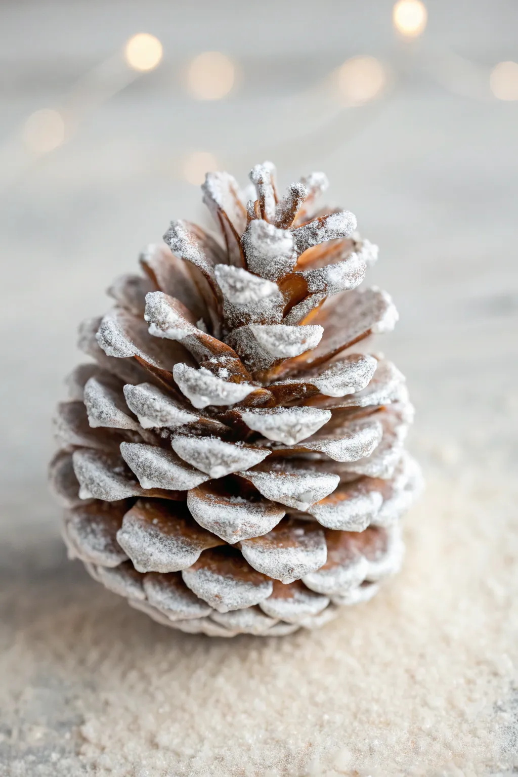 Embrace the magic of winter with this enchanting snow-kissed pine cone, a perfect blend of simplicity and elegance.
