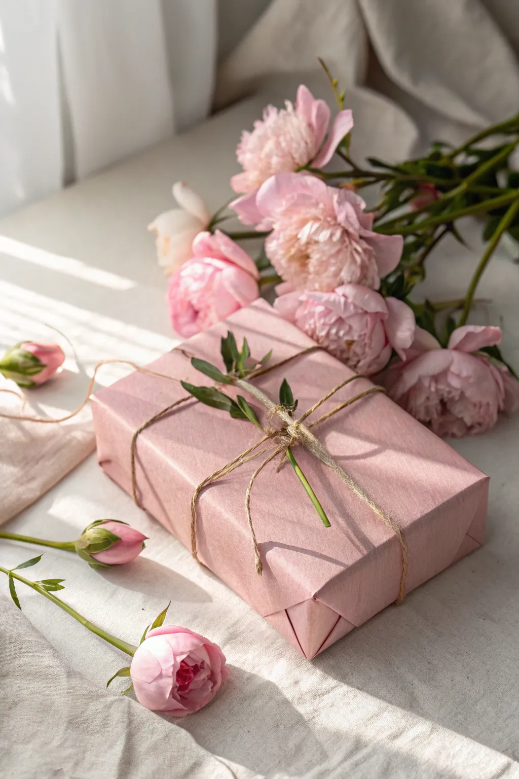 Elevate your gift-giving with a touch of floral elegance: a pink gift box adorned with peonies.