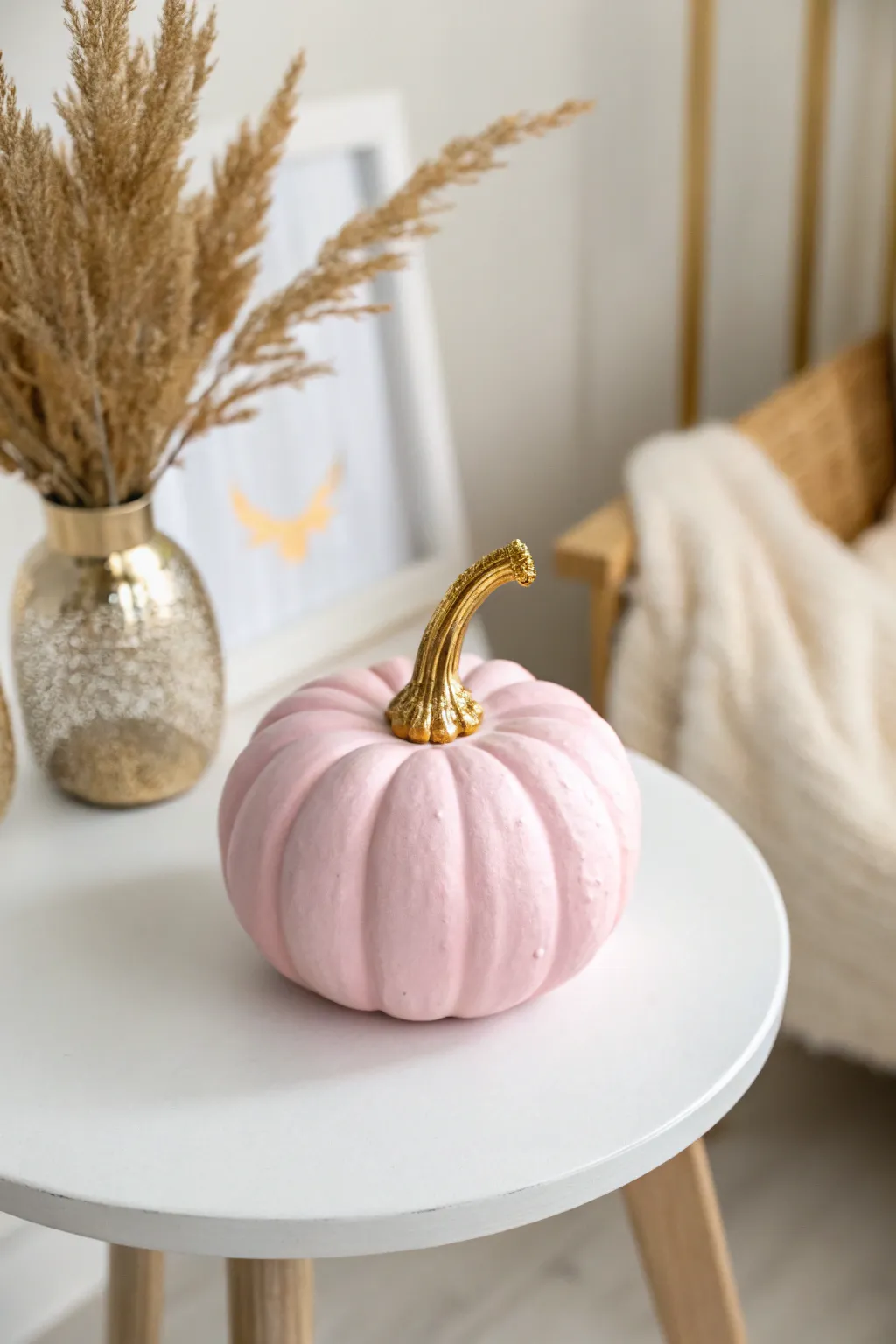 Add a touch of elegance to your autumn decor with this chic pink pumpkin adorned with shimmering gold accents.
